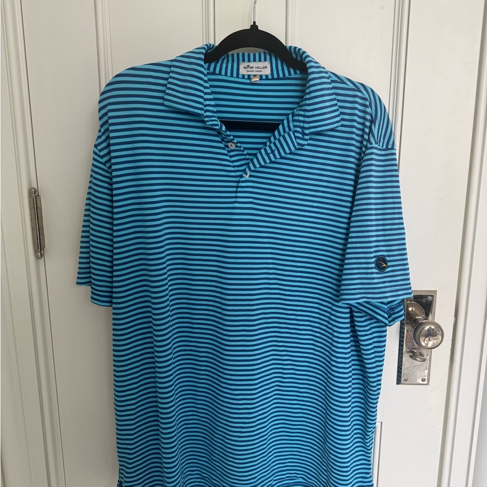 Peter Millar Aqua and Black Striped Eagle Point Polo